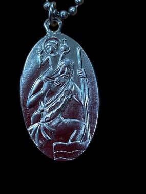 Saint Christopher Oval Pendant Necklace in Metallic Blue Stamped Italy